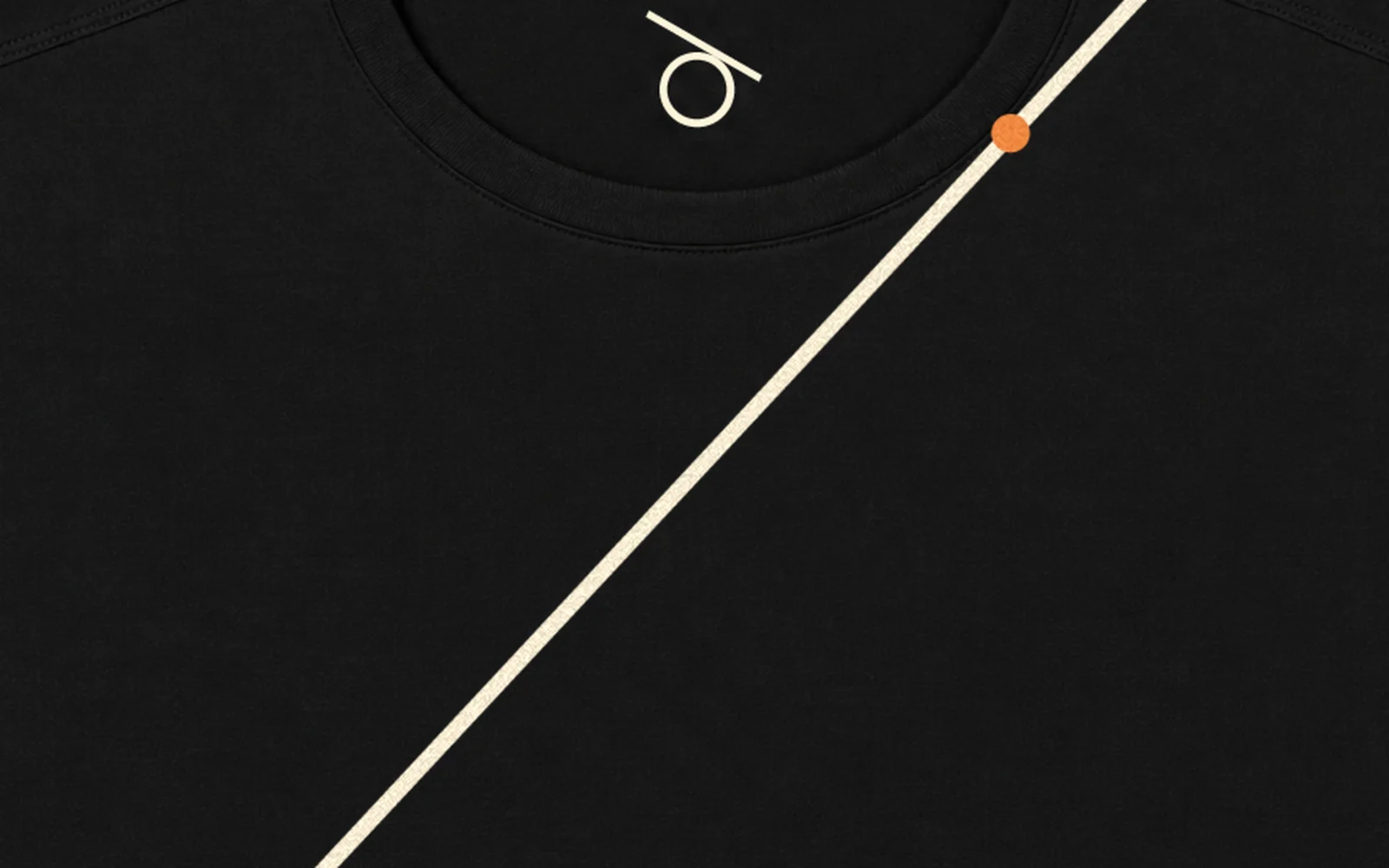 Apex, the print up close: black tee, one cream line that touches the collar once, an orange dot where it touches, and the house mark in cream inside the neck